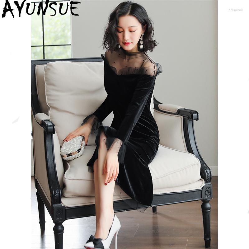 

Casual Dresses Spring Autumn Dress For Women Vintage Party Velvet 2023 Ladies Black Elegant Mesh Vestidos MY2317