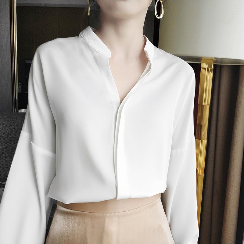

Women' Blouses Spring Fall Shirt White Satin 2023 Women' Loose Hong Kong Blouse Turn-down Collar Office Lady, Ivory
