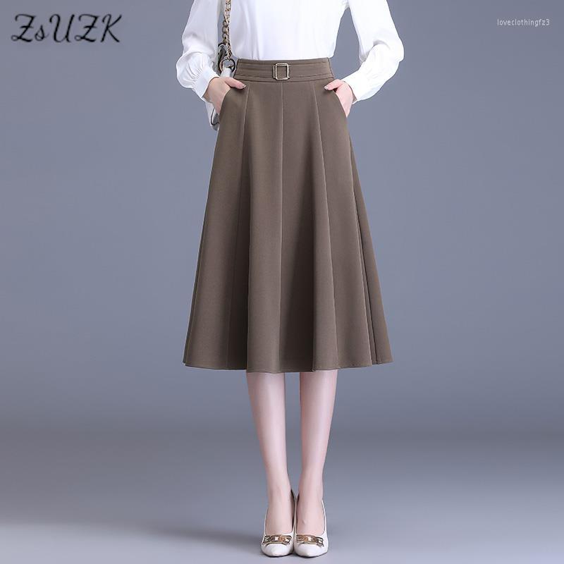 

Skirts ZUZK Women Solid Splicing OL Spring Autumn Elastic High Waist Female Elegant A-Line Mid-Long Black Skirt