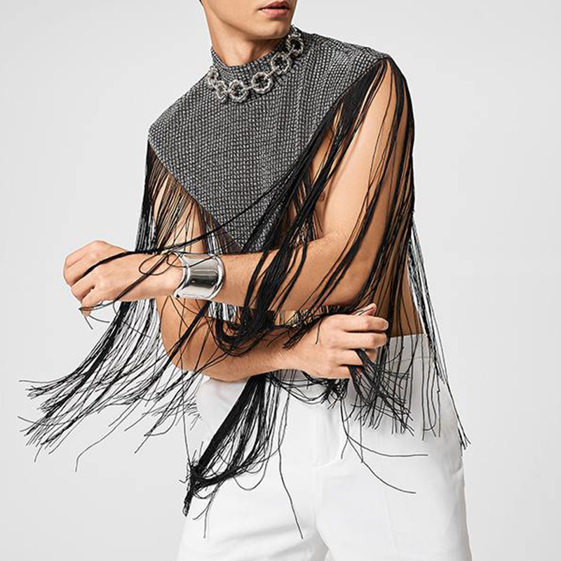 

Men's Tank Tops Men Irregular Vests Tassel Patchwork Turtleneck Sleeveless Casual Cloak Sexy Streetwear 2023 Fashion S-5XL, Black