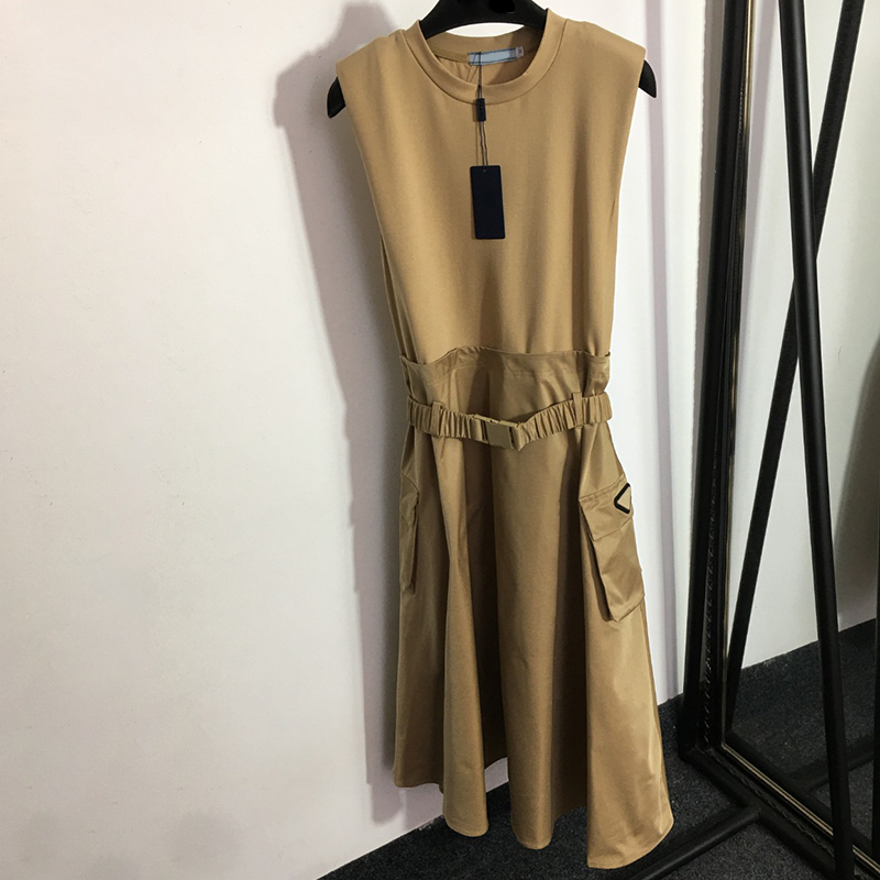 

Waist Belt Women Dresses Sleeveless Vest Dress Fashion Big Pocket Designer Dress 2 Colors Casual Long Skirts Clothing, Black