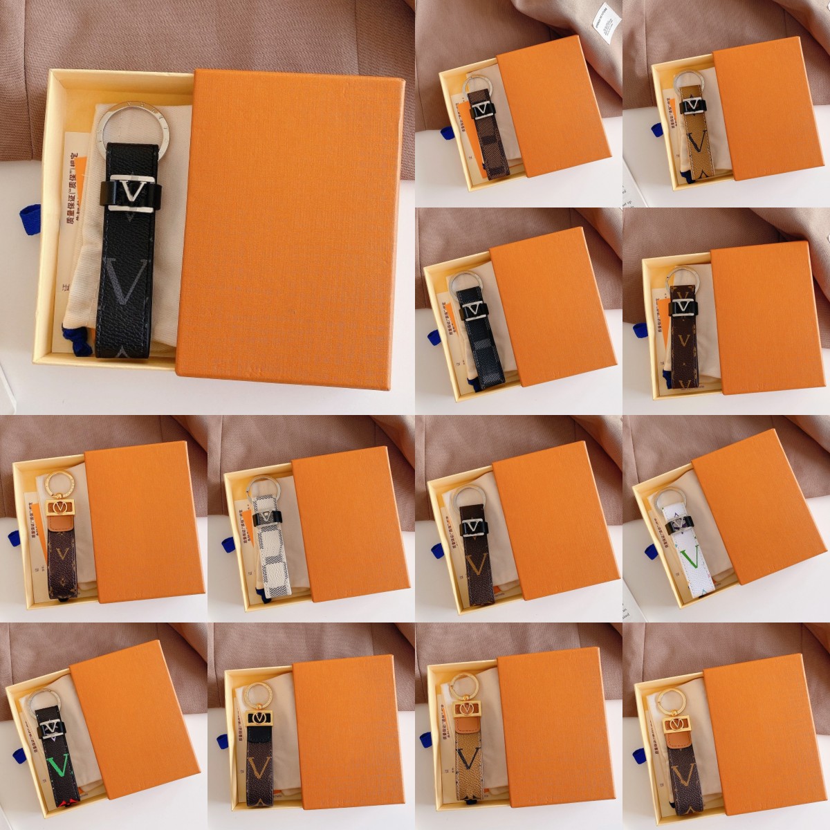 

High Quality leather Keychain Classic Exquisite Luxury Designer Car Keyring Zinc Alloy Letter Unisex Lanyard Gold Black Metal Small Jewelry gift Box 14 colors