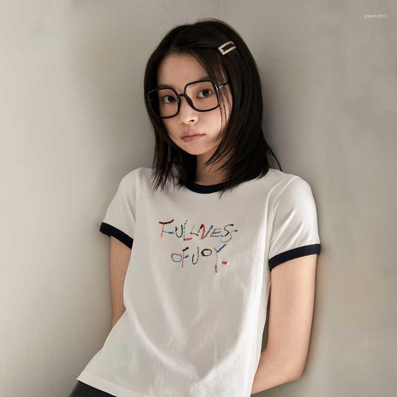 

Women' T Shirts 2023 Summer White Cotton T-shirt Female Rainbow Letter Embroidery Short-sleeved Round Neck Top, White sleeve