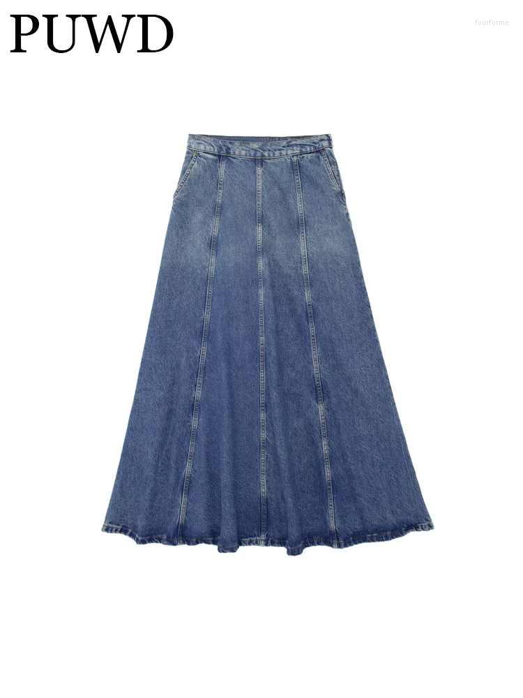 

Skirts PUWD Women Fashion Blue Denim Loose Tooling 2023 Summer Vintage High Waist Pocket Folds Female Bottoms Mujer