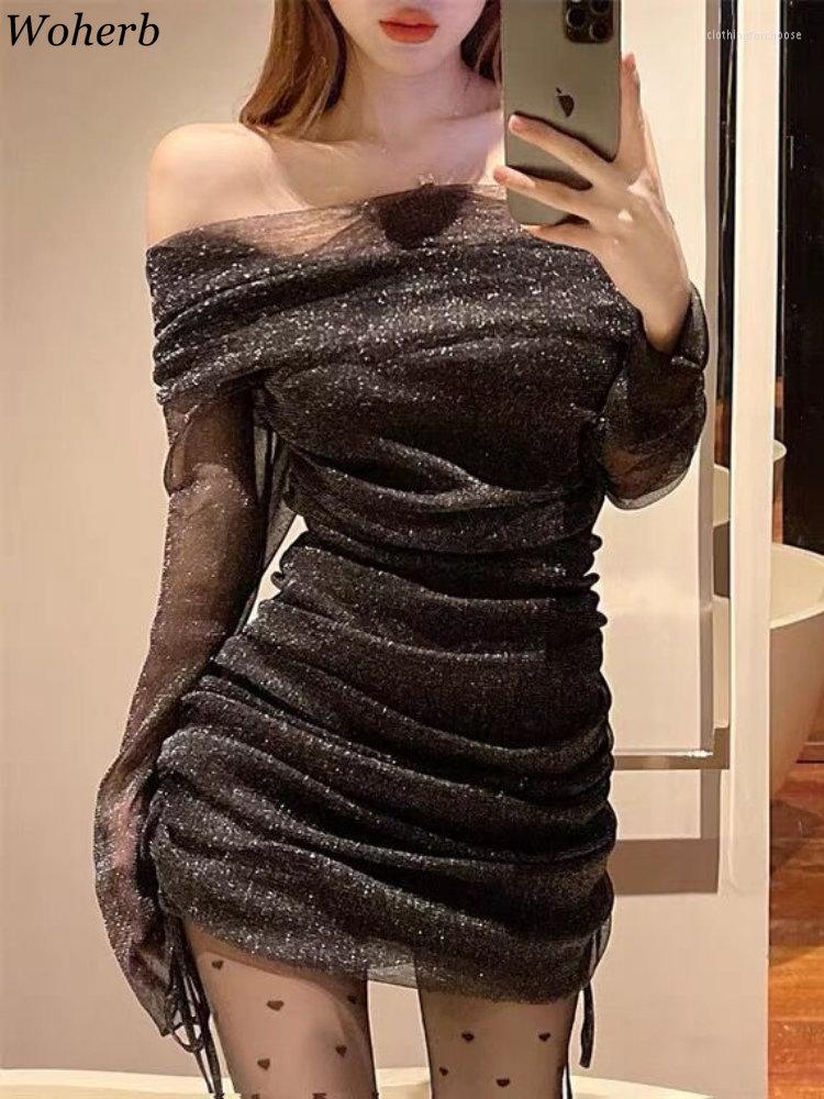 

Casual Dresses Woherb Sexy Party Black Dress Women Y2k Robe Off Shoulder Long Sleeve Sheer Mesh Bodycon Korean Chic Slim Vestido Fairy, Purple