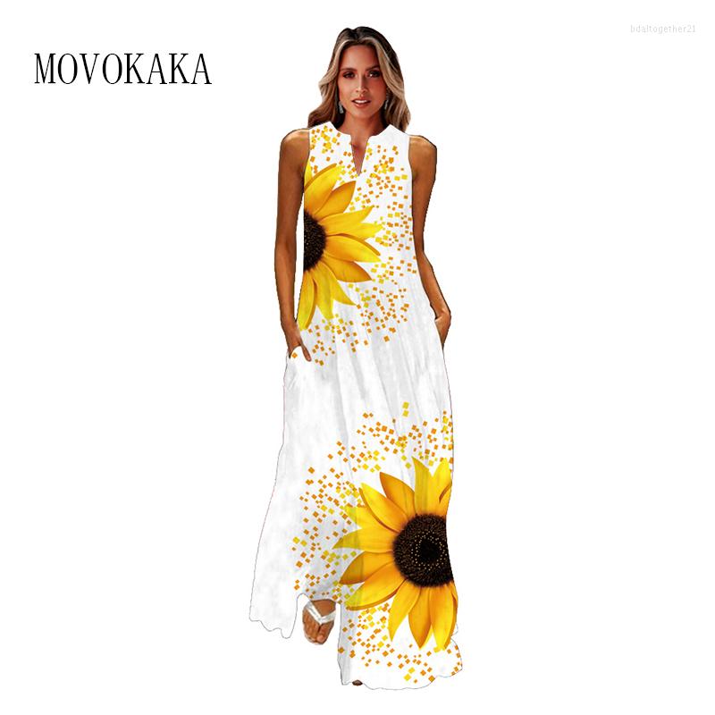 

Casual Dresses MOVOKAKA Ladies Spring Summer Long Dress Women White Sleeveless V-neck Slim Elegant Sunflower Print Vintage, Vlcq-145