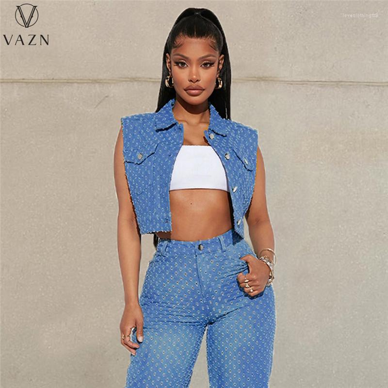 

Women's Vests VAZN 2023 Fashion Women Sexy Street Style Waistcoat Pure Color Lapel Casual Lady Short Denim, Blue