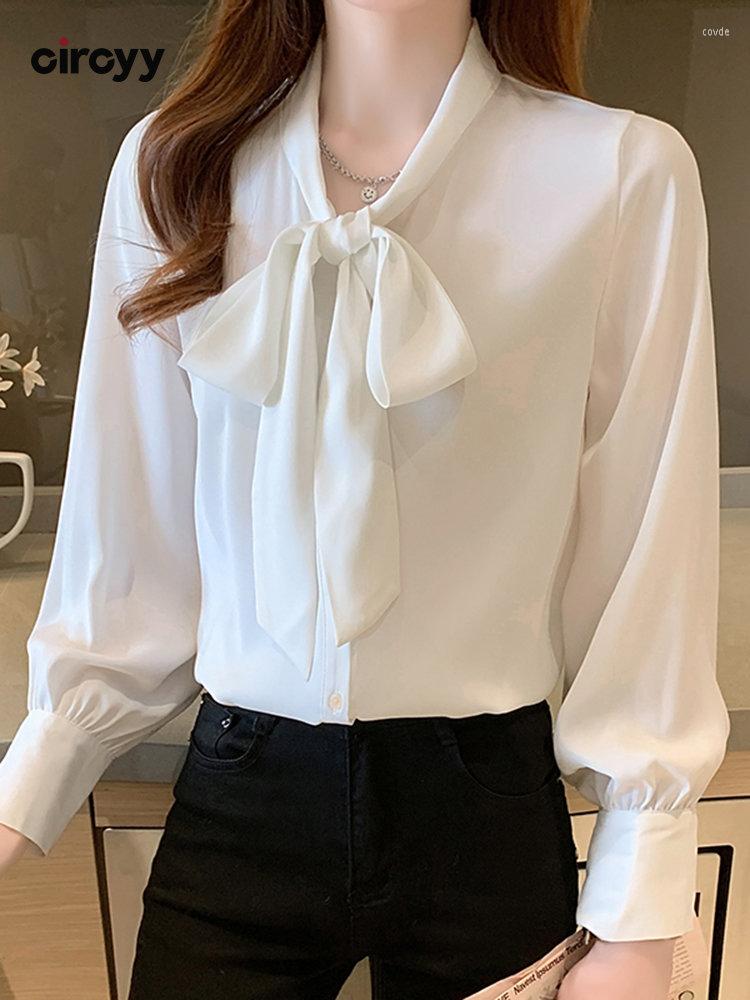 

Women' Blouses Circyy Blouse Women Shirts Blue White Tops Bow Long Sleeve Satin Button Up Shirt French Office Lady Spring Fashion Clothes