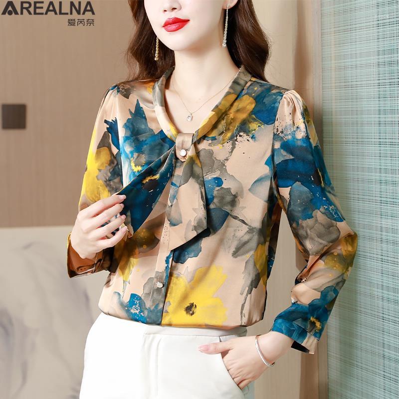 

Women's Blouses Blusa Mujer Moda 2023 Summer Blouse Women Fashion Bow V-neck Floral Printed Satin Female Casual Loose Lady Shirts - 4XL, Yellow