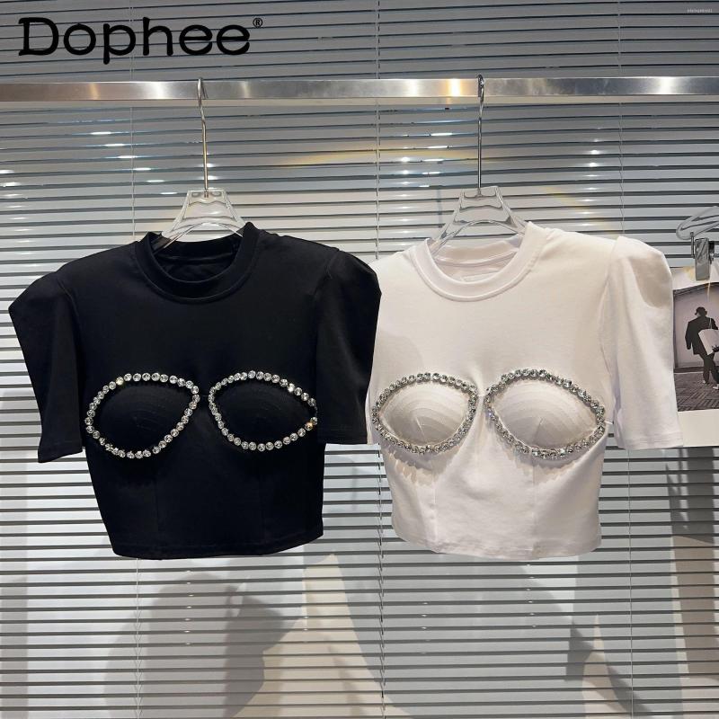 

Women' T Shirts Summer Diamond Beaded Bra Chest Pad Girls Padded Shoulder Short Sleeve T-shirt Women Round Neck Elastic Slim Black Shirt