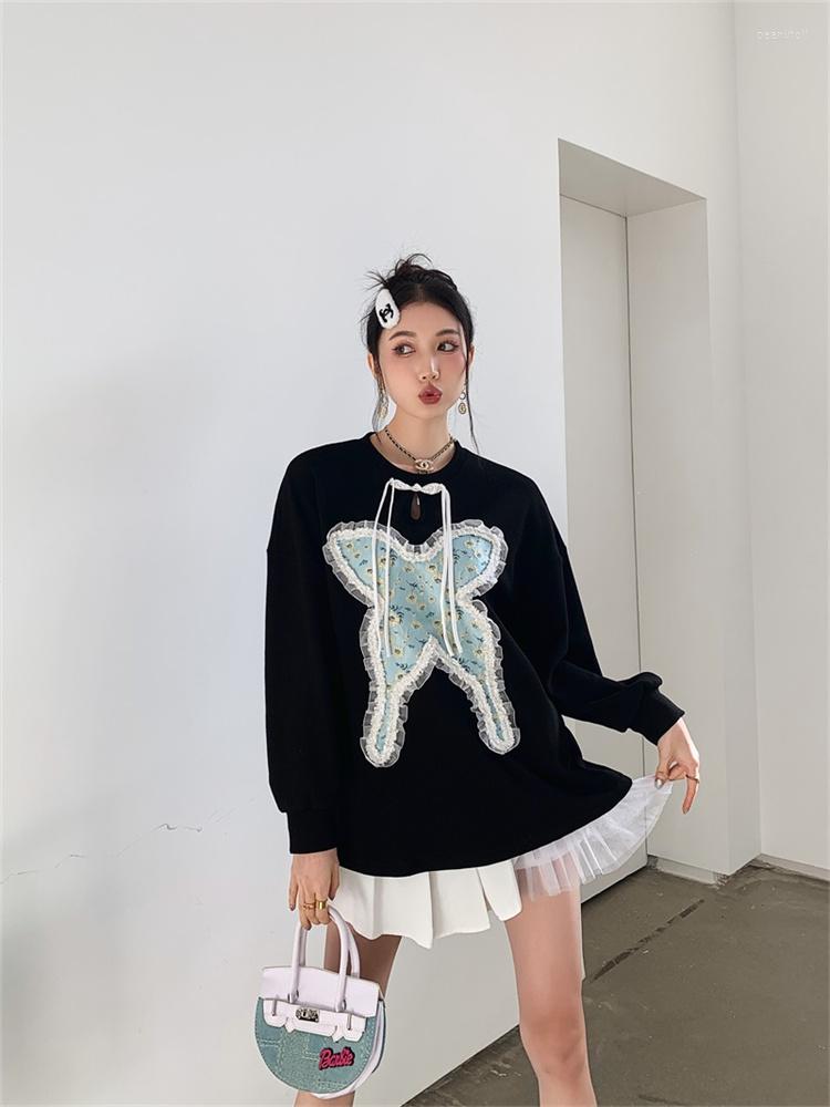 

Women' Hoodies Retro Women High End Sweatshirts 2023 Spring Raglan Sleeves 3D Butterfly Round Neck Tops Fashion Oversize Black Pullovers