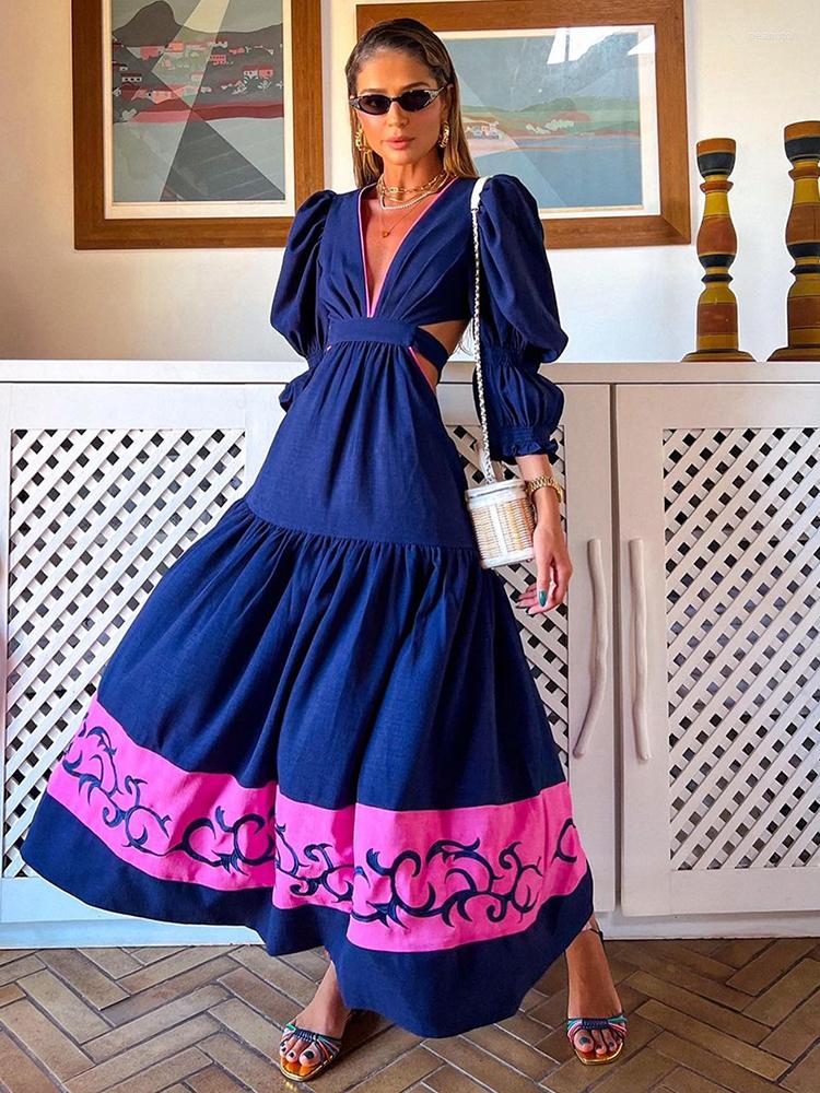 

Casual Dresses Sexy V-Neck Hollow Out Dress 2023 Spring/Autumn Women Fashion Lantern Sleeve Big Hem Club Party Long Maxi A1761, Blue