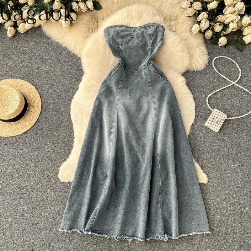 

Casual Dresses Gagaok Denim Women 2023 Summer Solid Strapless Empire Pockets Sleeveless Midi Dress Vintage French Chi Wild Vestidos, Blue
