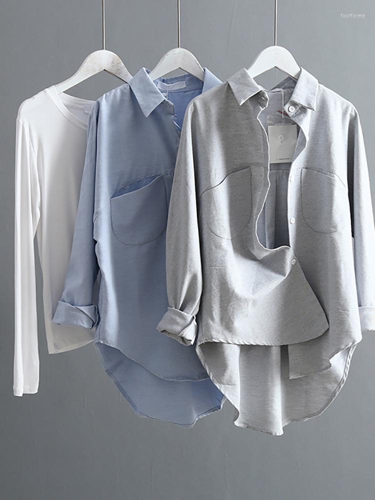 

Women's Blouses Fitshinling 2023 In Shirt Long Sleeve Top Pockets Slim Solid Shirts & Female Clothes Fashion Elegant Blusas, Gray