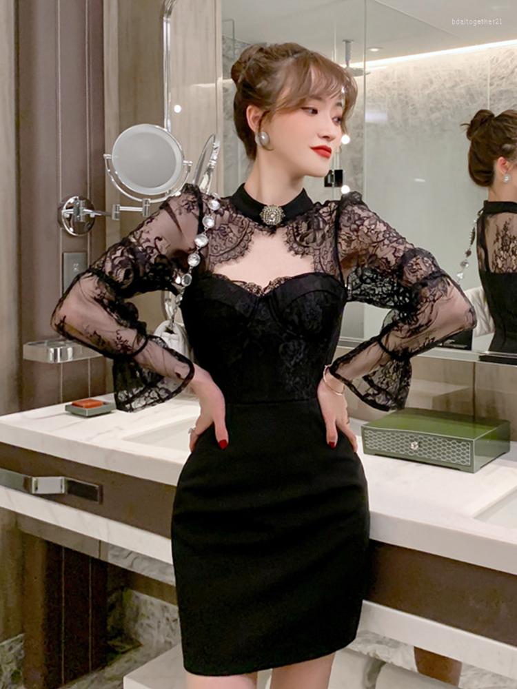 

Casual Dresses Lace Mini Dress Women Luxury Diamond Sheer Hook Flower Hollow Long Sleeve Wrap Slim Gown Femme Sexy Retro Elegant Party, Black