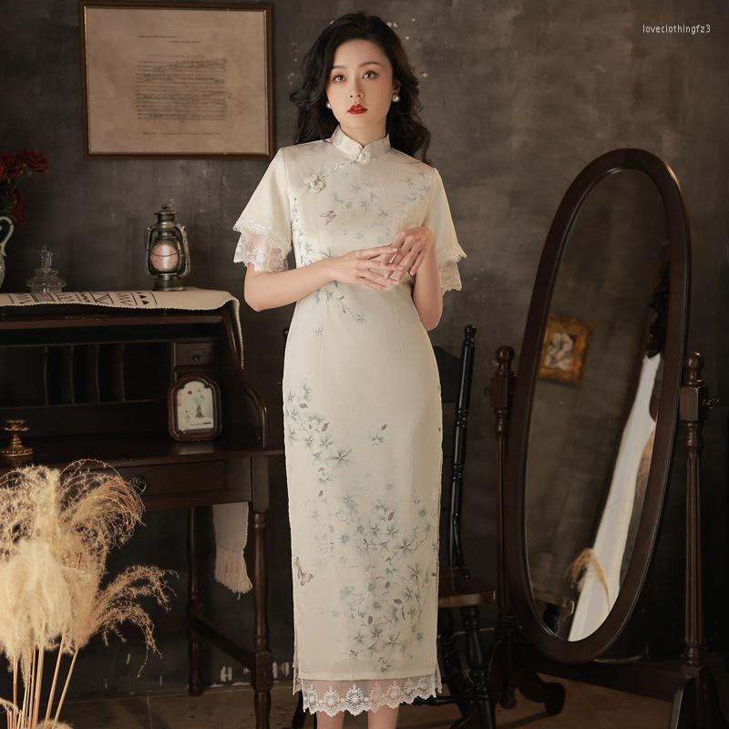 

Ethnic Clothing Luxurious Women Print Flower Cheongsam Exquisite Lace Slim Qipao Chinese Ladies Evening Party Dress Vestidos Classic Robe
