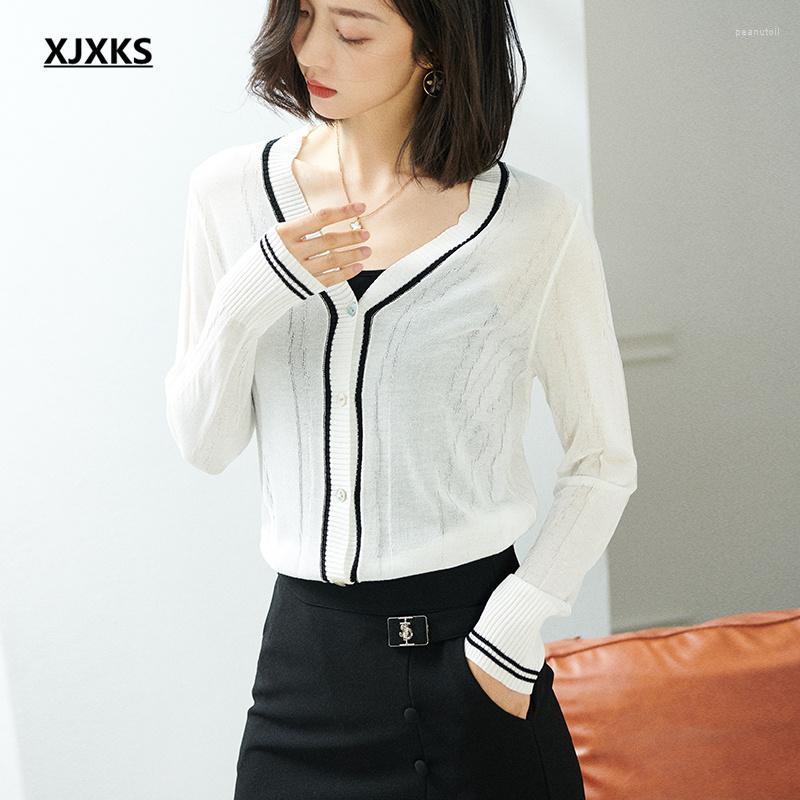 

Women's Knits XJXKS 2023 Spring Autumn Wool Knitted Thin Sweater Women Cardigan High-quality Casual Single-breasted Small Jacket, Sky blue