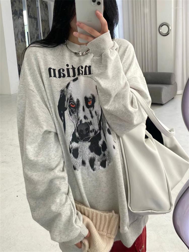 

Women' Hoodies QWEEK Harajuku Print Gray Fleece Hoodie Women Streetwear Retro Oversized Long Sleeve T-Shirt Korean Fashion Pullover, Thin
