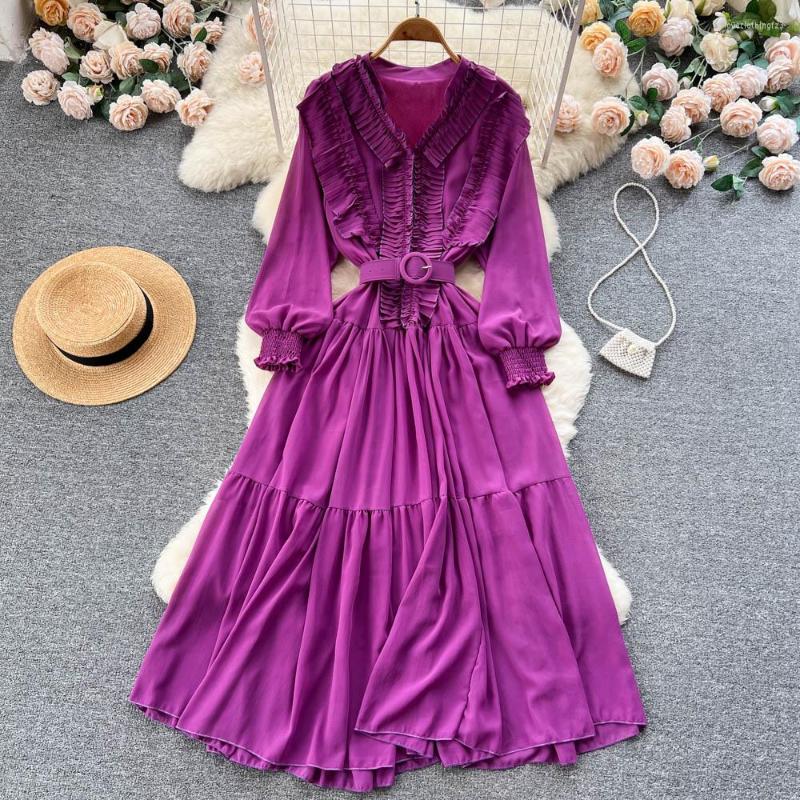 

Casual Dresses Spring Summer Chiffon Long Dress Elegant Women V Neck Ruffles Lantern Sleeve Purple Ladies High Waist Holiday Belt Vestidos, Black