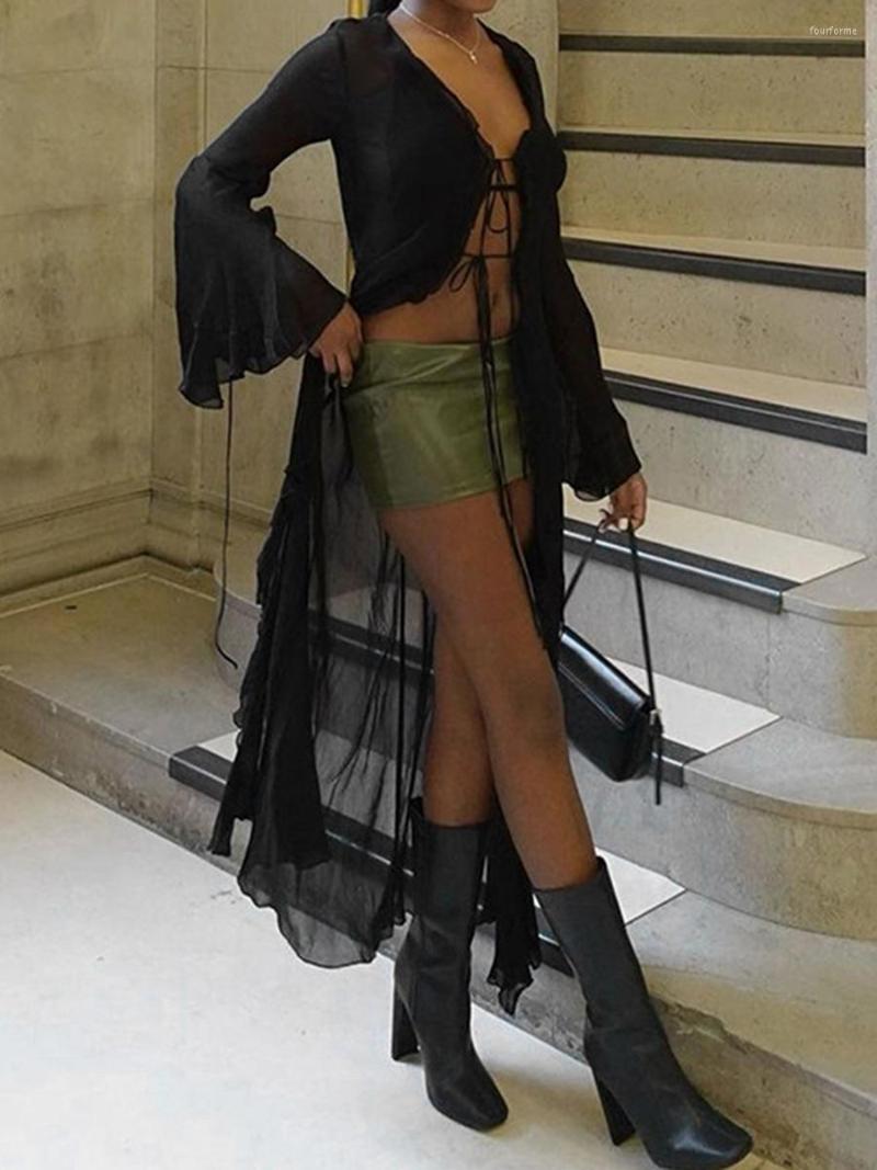

Women' Swimwear Wsevypo Tie Up Long Cardigans Black Mesh Sheer Cover-ups See-Through Flare Sleeve Ruffle Trim Bandage Robes