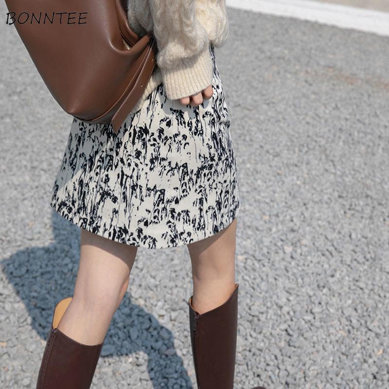 

Skirts Women Print Mini High Street Empire Fashion Vintage Chic All-match Slim Mujer Simple A-line Korean Style Casual Faldas, As shown with lining