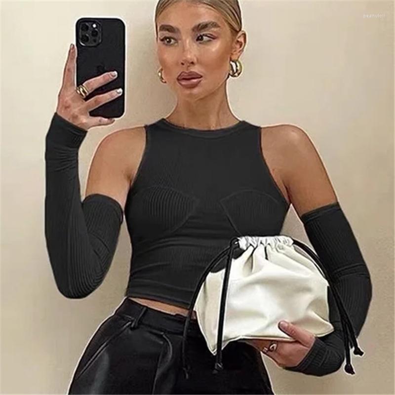 

Women' T Shirts Summer Solid Rib Knit Slim Gloves Long Sleeve Women T-Shirt 2023 Fashion Streetwear Sexy Black White Crop Tops Tees