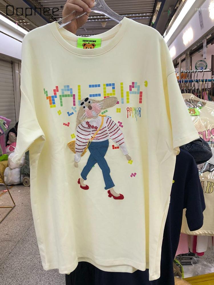 

Women's T Shirts 2023 Summer Cartoon Embroidery Round Neck Loose Short Sleeves T-shirt Women Casual All-Match Female Student Top Kawaii, Apricot