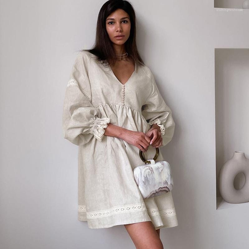

Casual Dresses Women' Summer Dress Cotton Linen V-neck Patchwork Lace Fashion Khaki Long Sleeve Loose Elegant Female Clothes