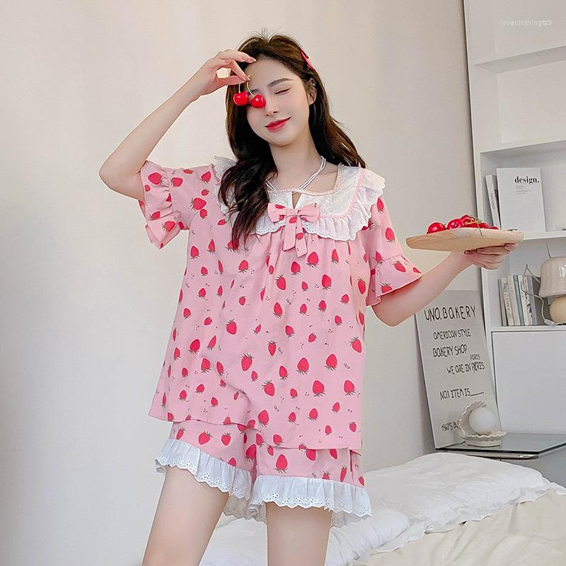 

Women's Sleepwear Summer Cotton Cartoon Print Women Pajamas Lady Two Piece Set Homewear Female Loose Casual Nightwear, Pink