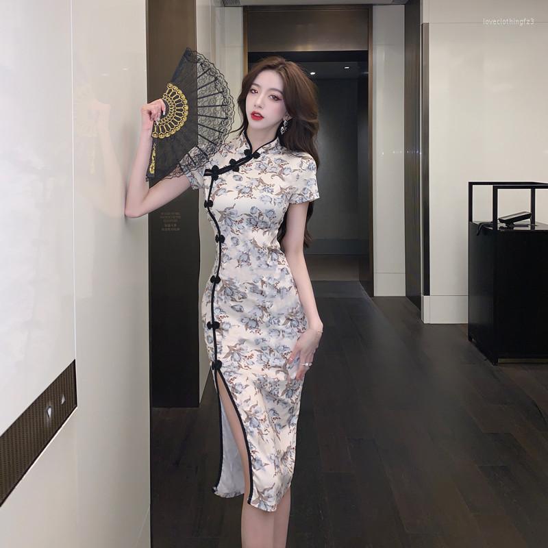 

Ethnic Clothing Lady Chinese Style Flower Print Qipao Women Traditional Retro Vintage Cheongsam Elegant Wedding Evening Dress Bodycon