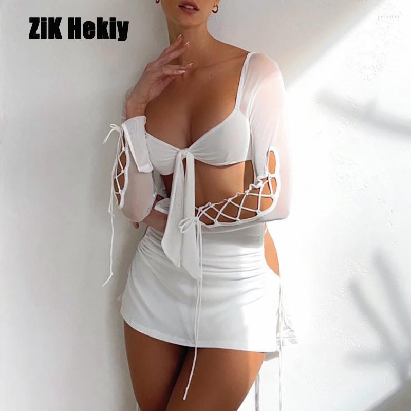 

Casual Dresses Zik Hekiy Square NecklineBreast TiesHollow StrapsLong SleevesHollow Ties At WaistWomen DressesA-Line Dress Women Sexy, White