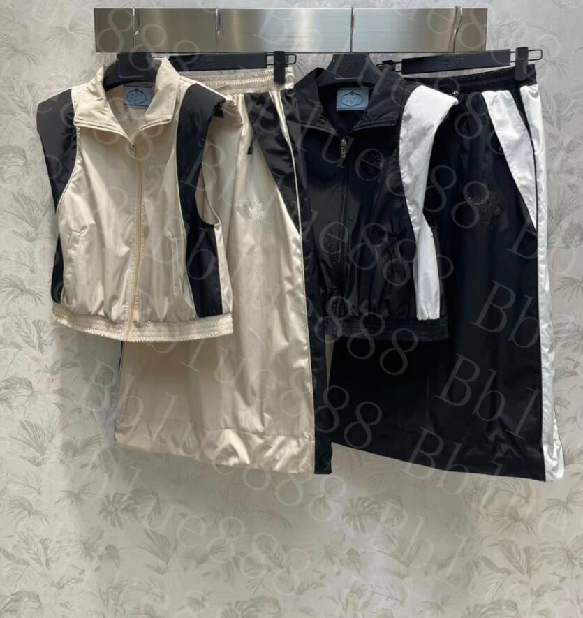 

Women's Tracksuits Popular Nylon Series Color Block Set Standing Collar Sleeveless Coat Elastic High Waist Wrap Hip Half Skirt Standing Collar Contrast 607