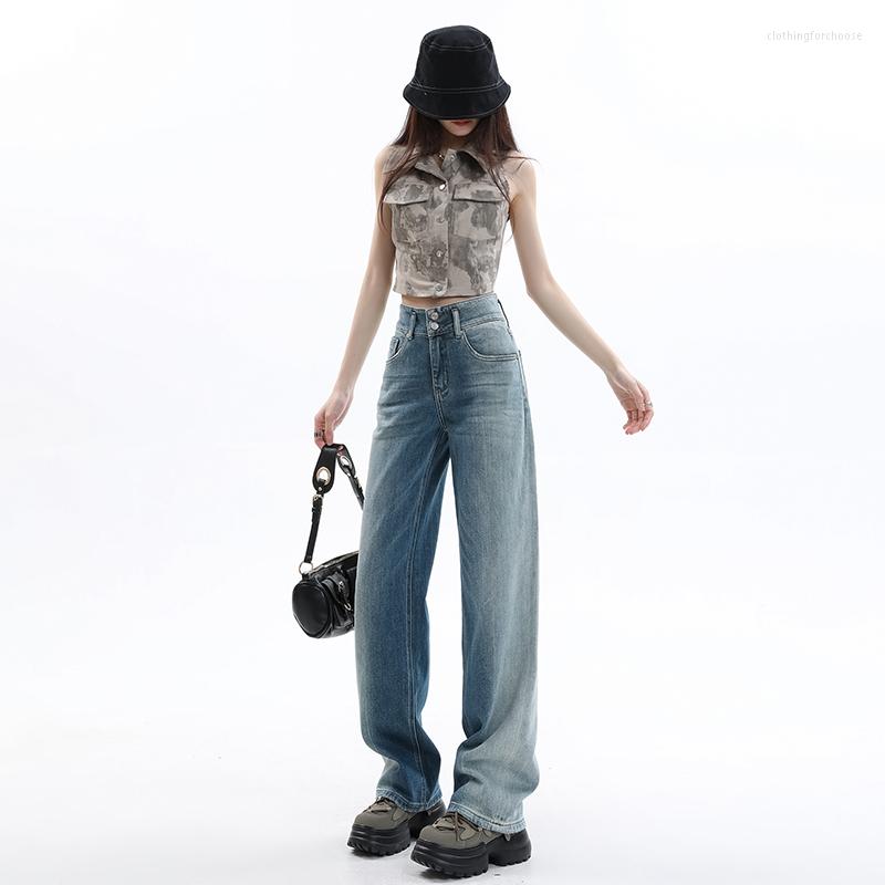 

Women's Jeans Vintage Blue Wide Leg Women's Loose High Waist Dipped All-match Trailing Pants Slimming Straight Double Button Long