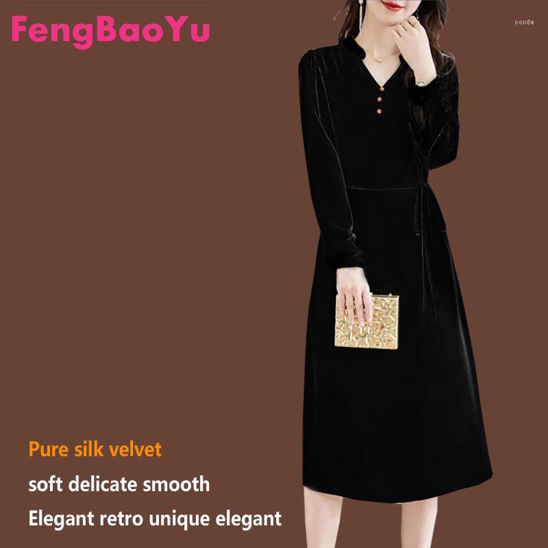 

Casual Dresses Fengbaoyu Silk Velvet Spring Lady Long-sleeved V-neck Dress For Women Black Elegant Luxury Formal Occasion Korean Fashion