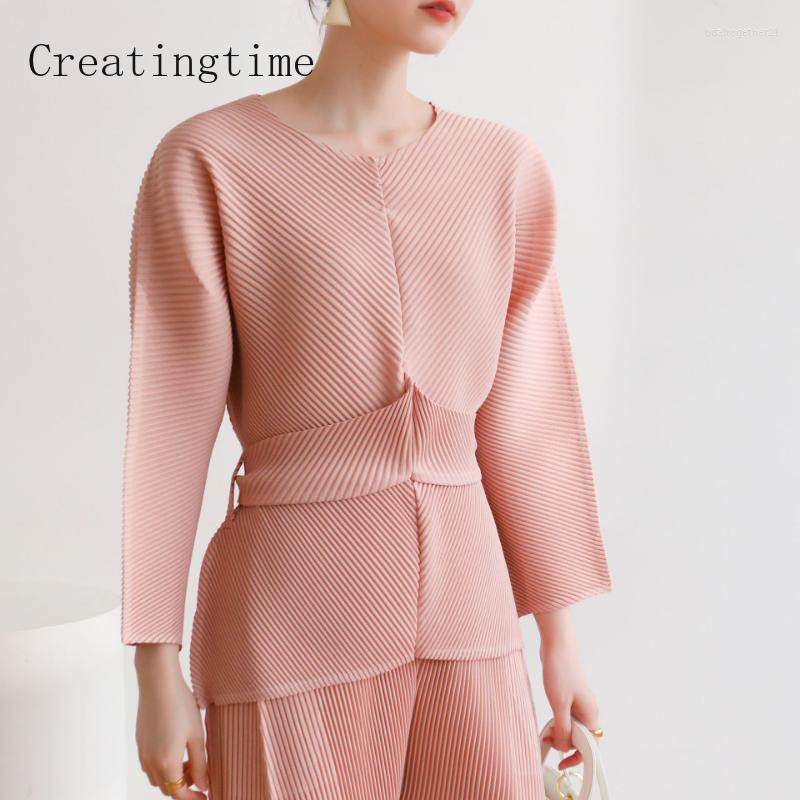 

Women's T Shirts Casual Elegant Batwing Sleeve Pleated Top For Women 2023 Spring Fashion Solid Color Round Neck Lace-up Female T-shirt 1A768, Black