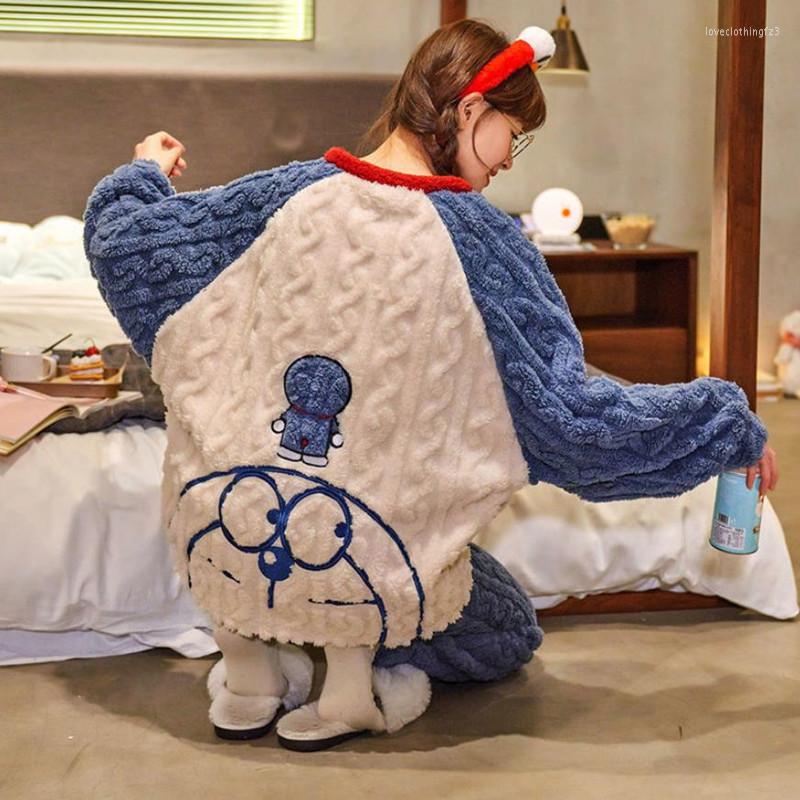 

Women's Sleepwear Kawaii Japan Anime Pajamas For Women Cute Winter Warm Femme Pijama Mujer 2 Pieces Pyjama Flannel Cartoon Xmas, Blue