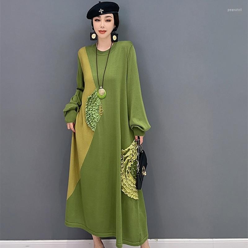 

Casual Dresses Women Elegant Long Sleeve Dress Spring Fall Knitted Patchwork Sweater Thin, Black