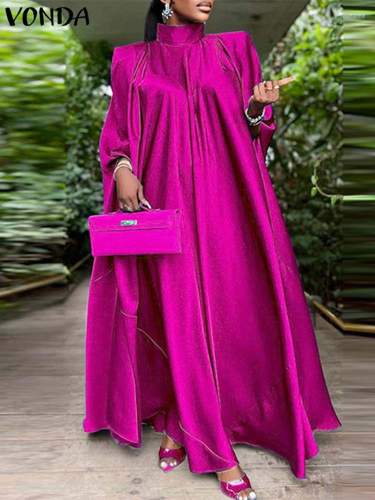 

Casual Dresses VONDA Women Elegant Satin Dress 2023 Fashion Long Bat Sleeve Stand Collar Evening Pleated Maxi Sundress Solid Loose Robe, Blue