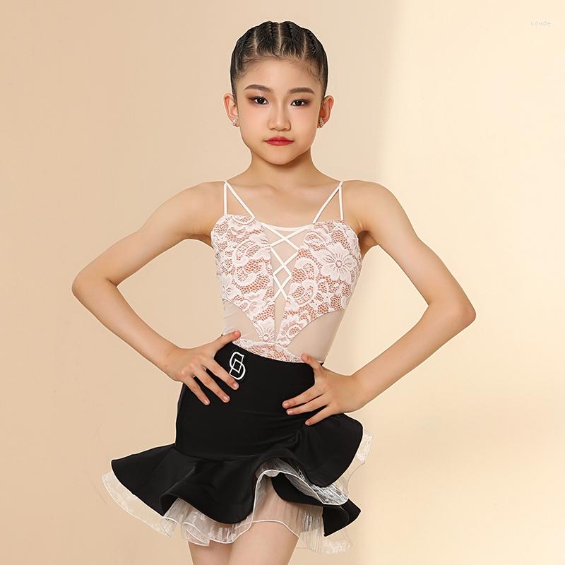 

Stage Wear Kids Latin Dance Dress Girls White Lace Bodysuit Tops Black Skirt Competition Rumba Cha Practice Clothes JL5573, Skirt 3
