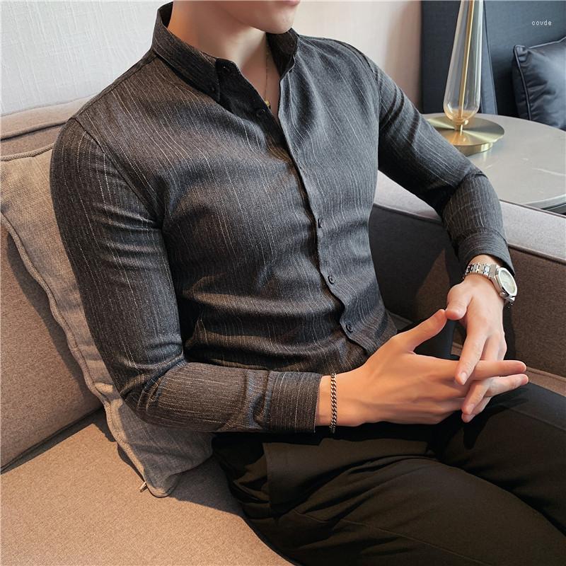 

Men's Casual Shirts British Style Vintage Striped Shirt Men Clothing 2023 Simple Slim Fit Business Formal Wear Long Sleeve Social Tuxedo 4XL, Black