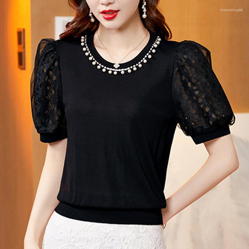 

Women' T Shirts Round Neck Ice Silk Knitted Shirt For Women 2023 Loose Fashionable Lace Short Sleeve T-shirt Korean, Black