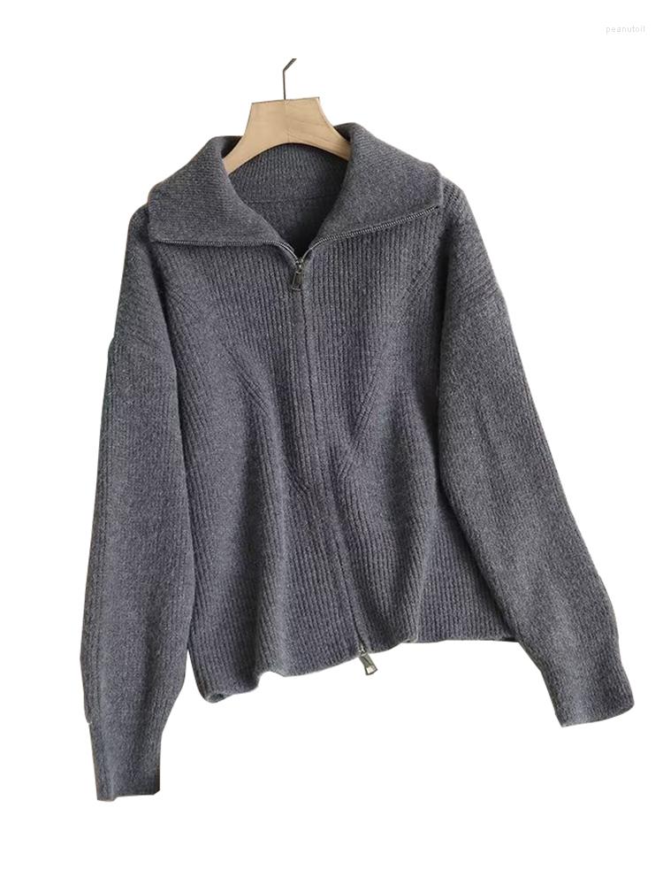 

Women's Knits YENKYE Women 2023 Front Zipper Knit Cardigan Sweater Vintage Lapel Collar Long Sleeve Female Jumper, Black