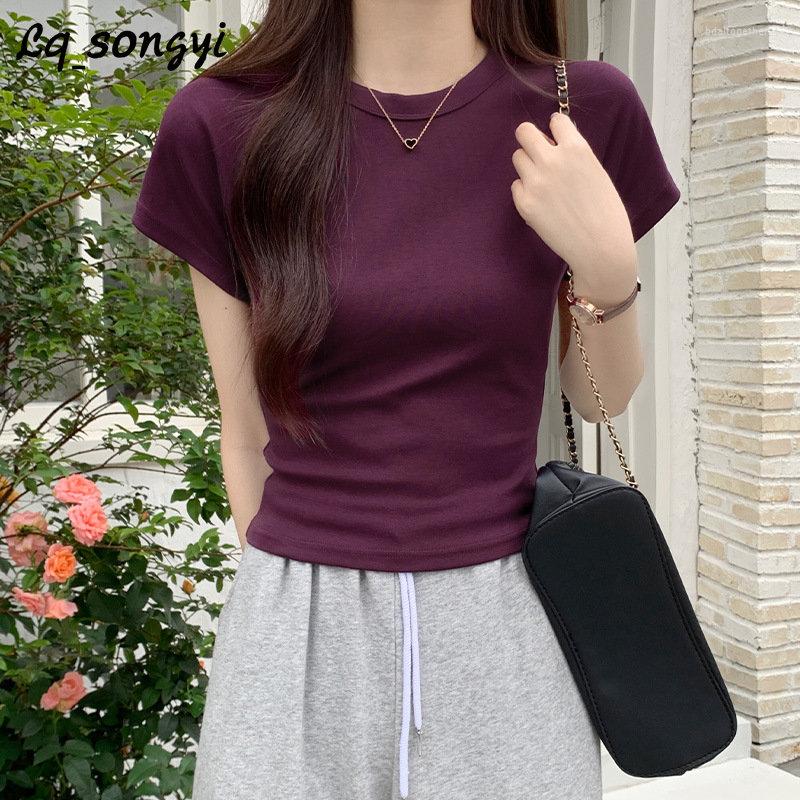

Women's T Shirts Solid Short Slim Crop Top Women Summer Flying Sleeve Shirt Korean Style Basic O Neck Simple Tops, Purple