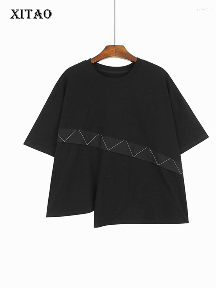 

Women's T Shirts XITAO Asymmetrical Loose O-neck T-shirts Patchwork Pullover Solid Color Short Sleeve Show Thin 2023 Arrival Casual HQQ0250, White hqq0250