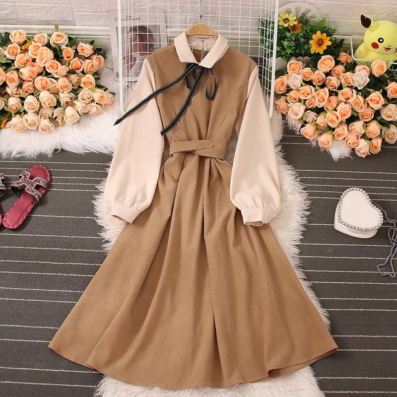 

Casual Dresses Vintage Preppy Style Corduroy For Women 2023 Spring Autumn Long Sleeve Patchwork Women's Midi Dress With Belt, Black