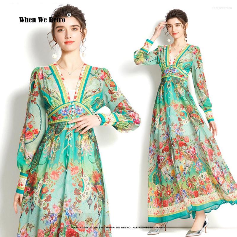 

Casual Dresses Retro Floral Print Bohemian Holiday Long Dress High Waist V Neck Elegant Chiffon Maxi Beach Party Vestidos Robe VP0153, Green