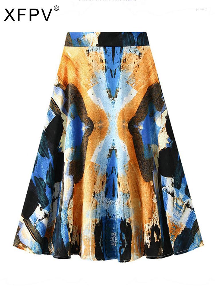 

Skirts XFPV Leisure Tie Dye Elastic Waist Folds Loose Skirt Women Designer Printed Patchwork Female 2023 Summer Tide SM6201, Green