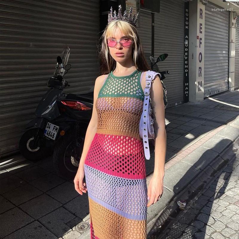 

Casual Dresses See Through Hollow Out Maxi Dress Women Crochet Knitted Patchwork Sexy Party Outfits Y2K Cover-Ups Holiday Beach, Multi