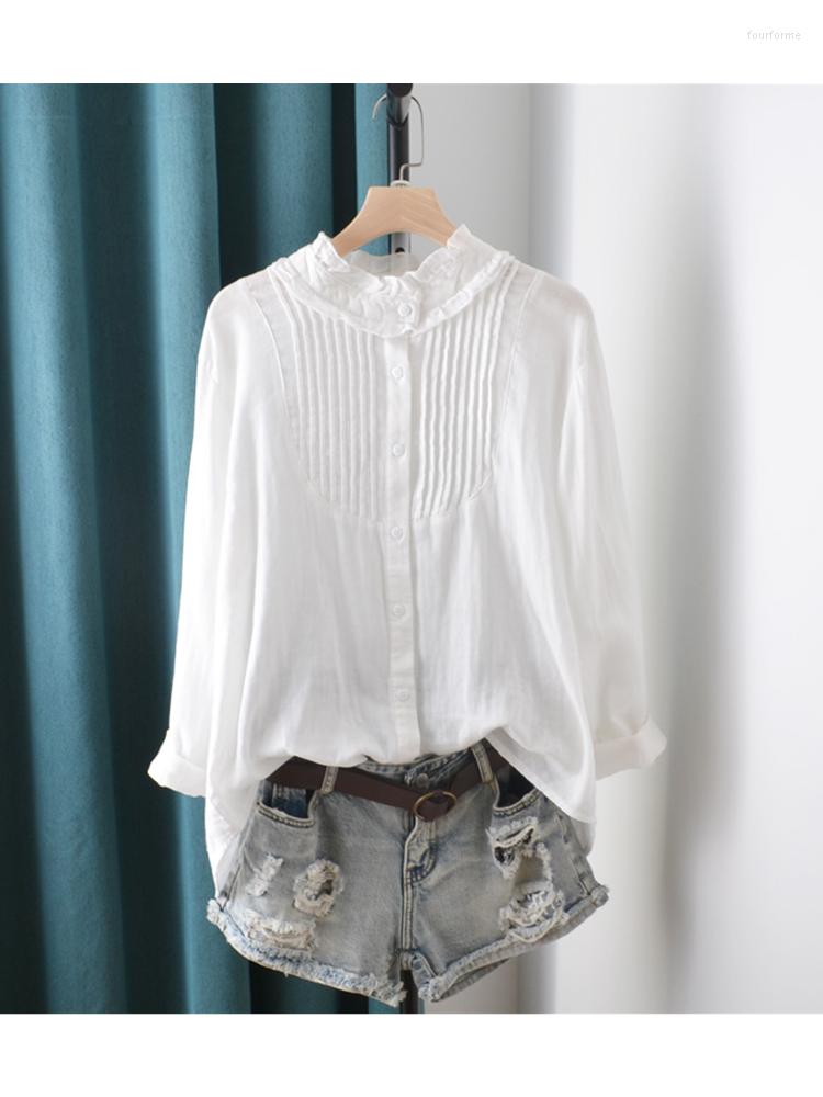 

Women's Blouses Lamtrip Unique Ruffled Collar Pleated Folds Quality Double Layers Cotton Yarn Skin-Friendly White Shirt Blouse 2023 Spring