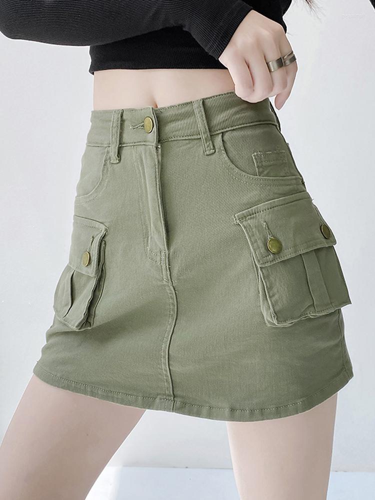 

Skirts Fashion Denim Cargo Women Vintage Streetwear High Waist Elastic Mini Skirt With Pockets, Army green